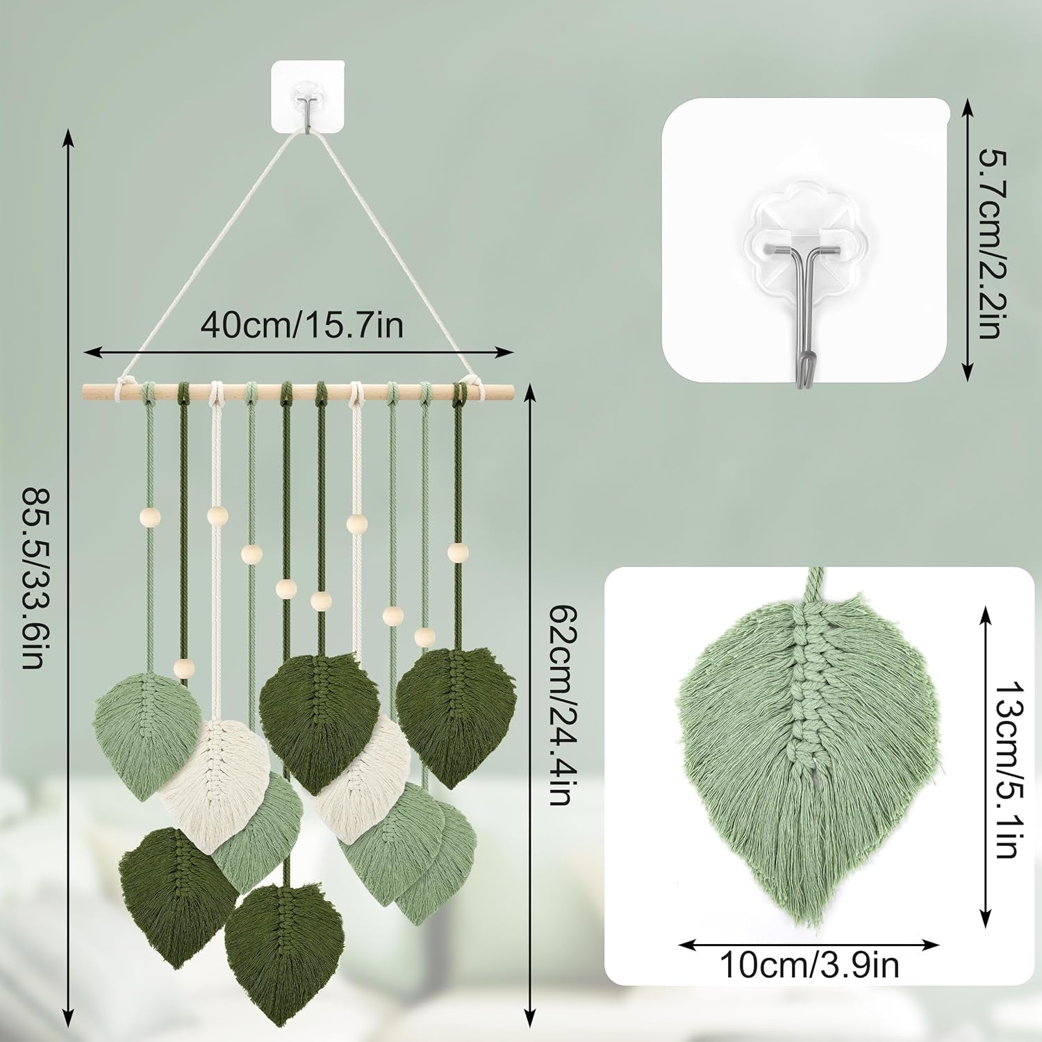 Wandtapijt houten kralen groene bladeren haak Woon - Accessoires en Decoratie Naty Shop