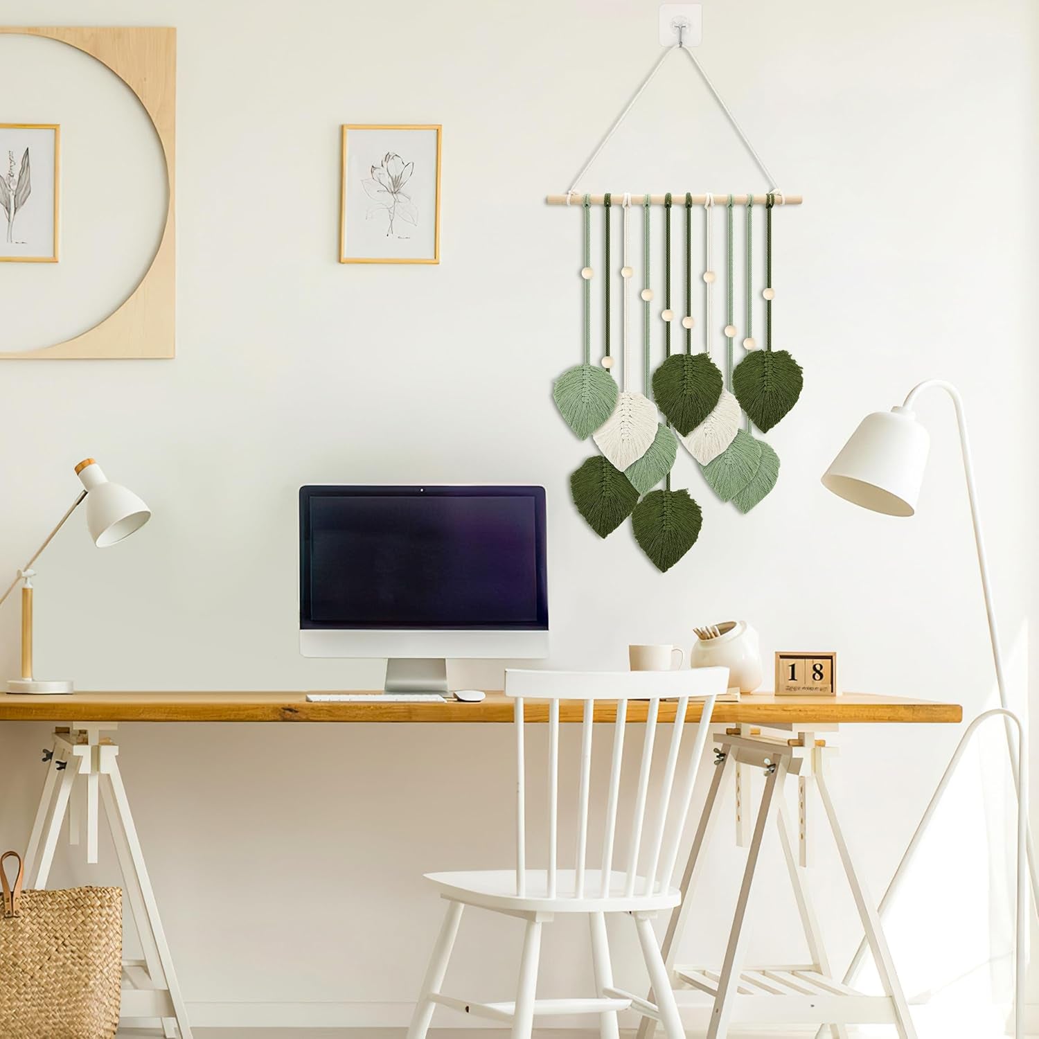 Wandtapijt houten kralen groene bladeren haak Woon - Accessoires en Decoratie Naty Shop