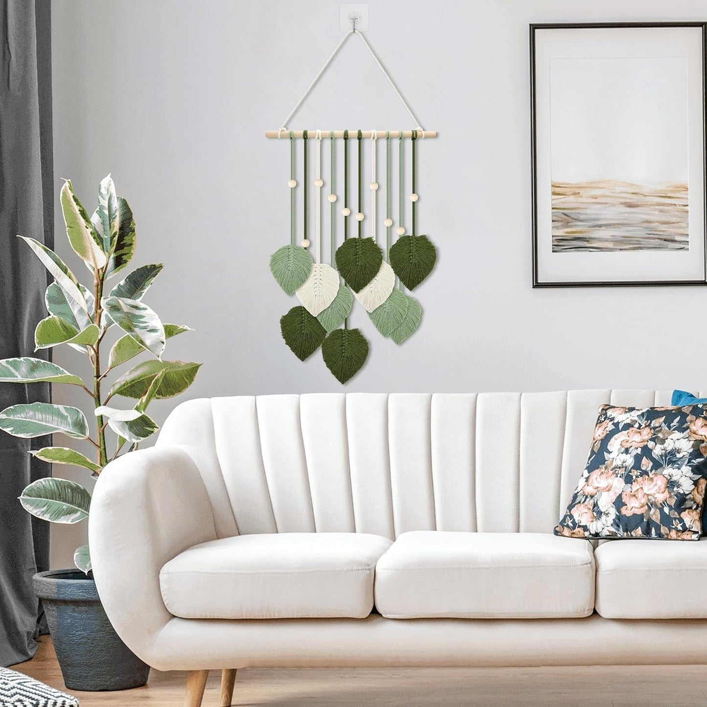 Wandtapijt houten kralen groene bladeren haak Woon - Accessoires en Decoratie Naty Shop