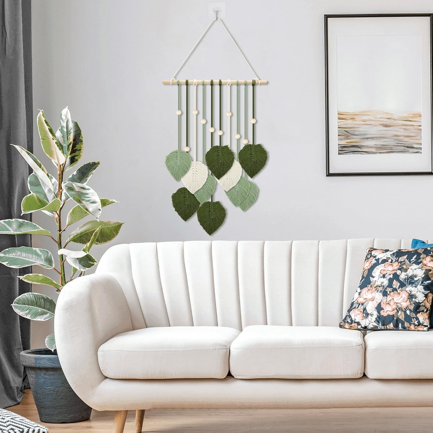 Wandtapijt houten kralen groene bladeren haak Woon - Accessoires en Decoratie Naty Shop