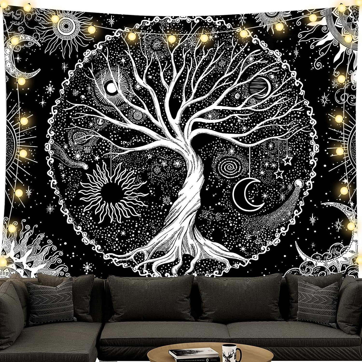 Wandtapijt zwart en wit levensboom wandtapijt maanstanden Wonen - Accessoires en Decoratie Naty Shop Levensboom 200L X 150B Cm