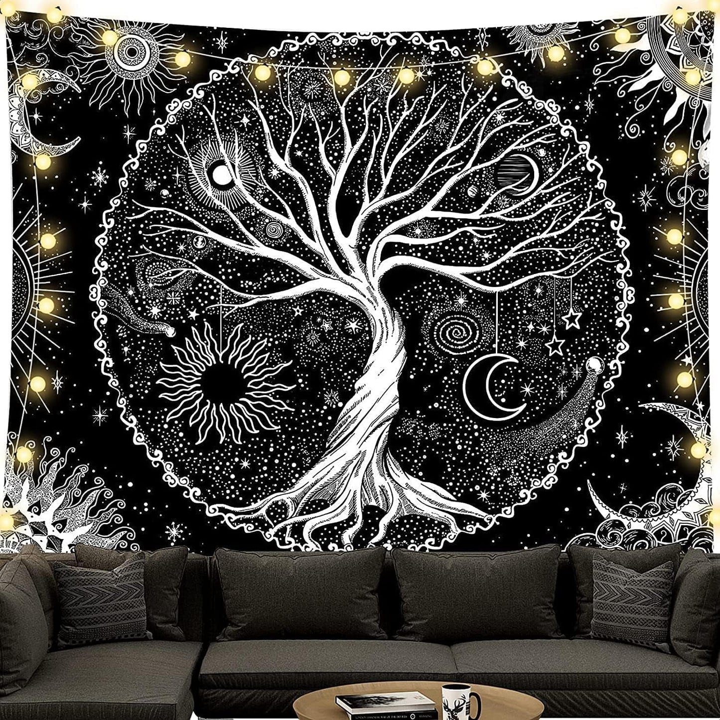 Wandtapijt zwart en wit levensboom wandtapijt maanstanden Wonen - Accessoires en Decoratie Naty Shop Levensboom 150L X 130B Cm