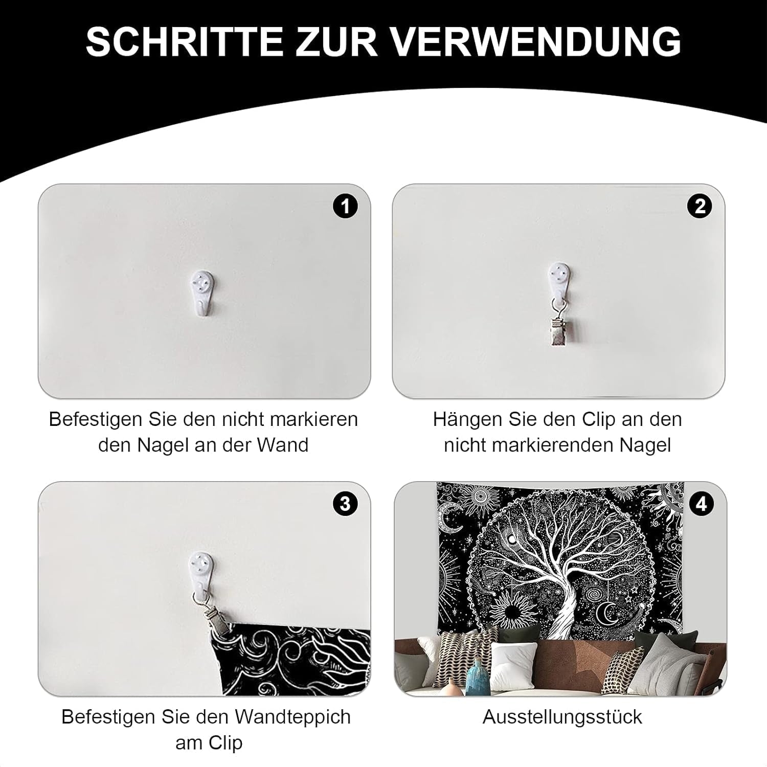 Wandtapijt zwart wit boom leven wandtapijt fasen maan Wonen - Accessoires en Decoratie Naty Shop