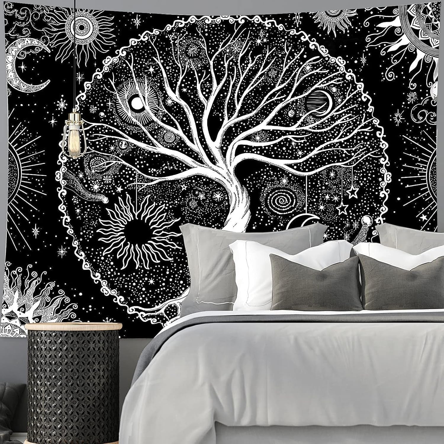 Wandtapijt zwart wit boom leven wandtapijt fasen maan Wonen - Accessoires en Decoratie Naty Shop