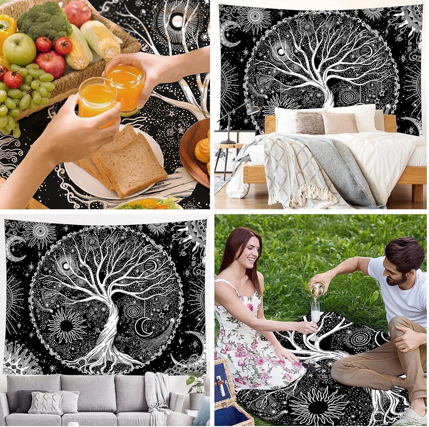 Wandtapijt zwart wit boom leven wandtapijt fasen maan Wonen - Accessoires en Decoratie Naty Shop