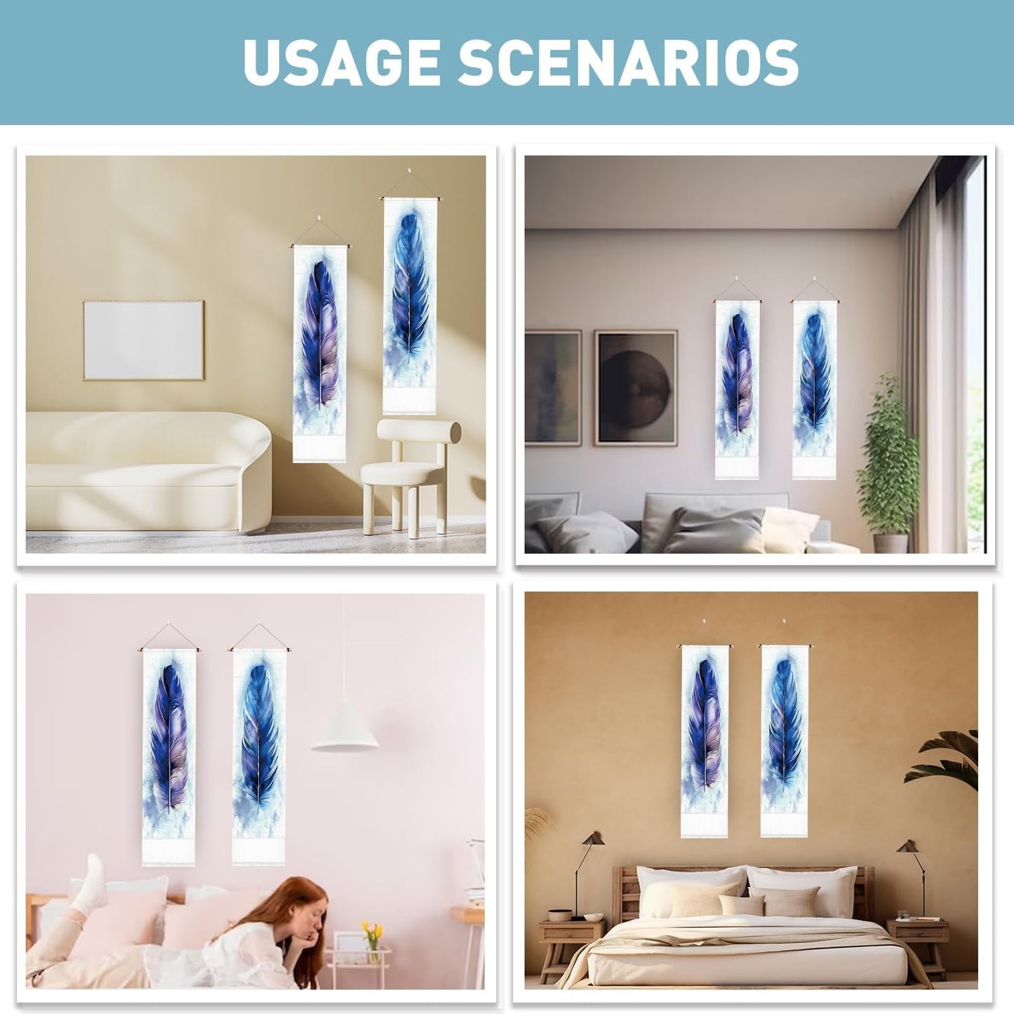 Wandtapijten pligreat pack blauwe veren vloerkleed verticale muur Huis - Accessoires en Decoratie Naty Shop