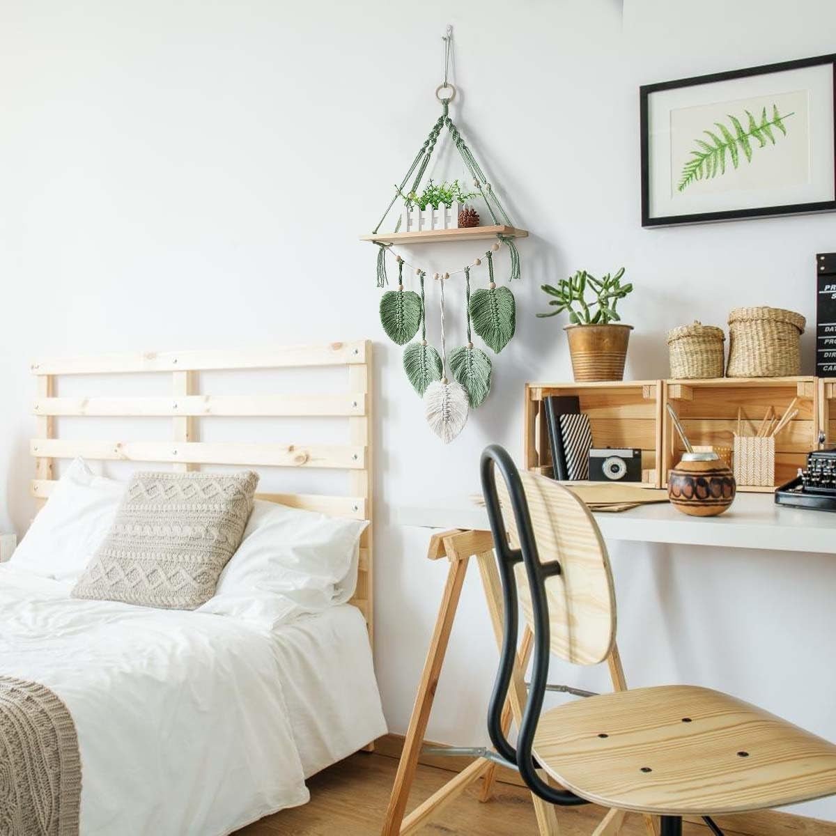 Wandtapijt houten plank slinger geweven bladeren Woon - Accessoires en Decoratie Naty Shop