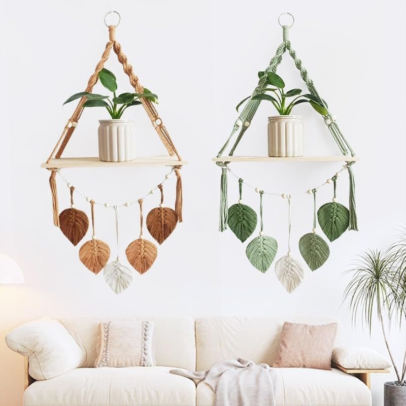 Wandtapijt houten plank slinger geweven bladeren Woon - Accessoires en Decoratie Naty Shop