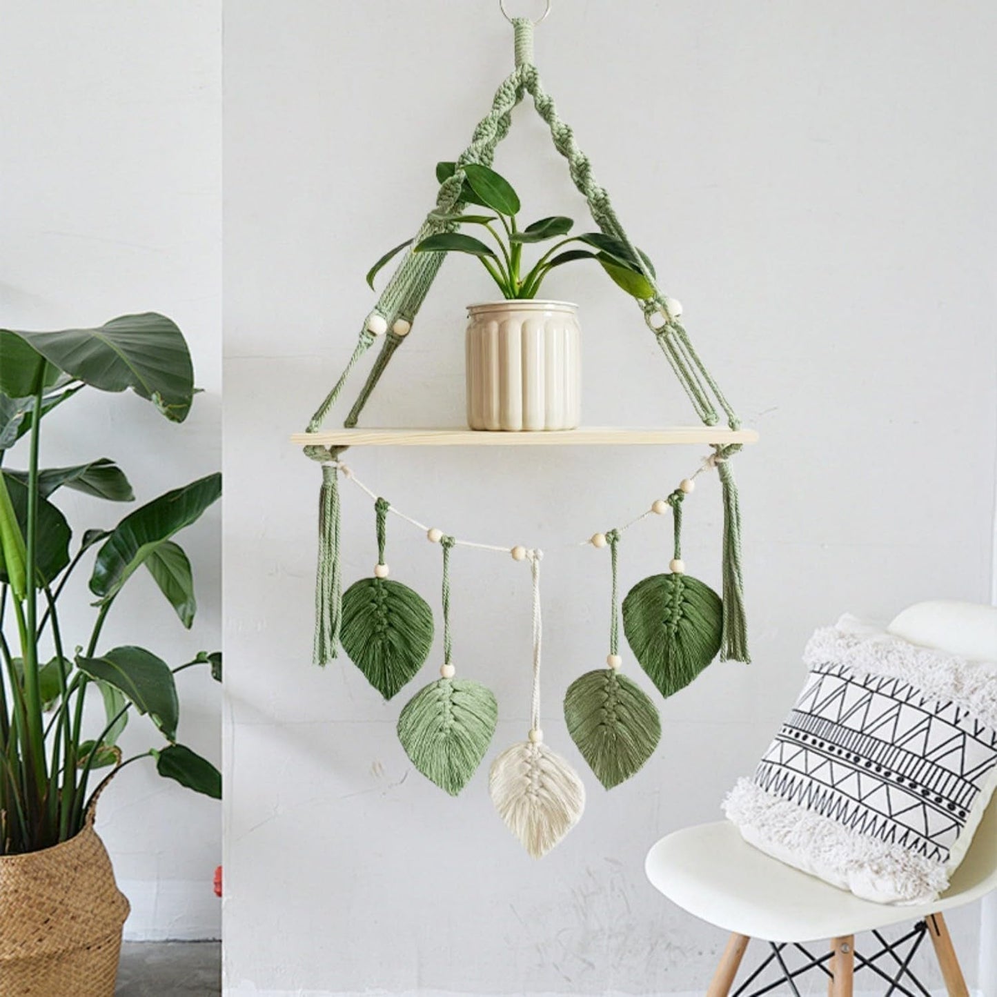 Wandtapijt houten plank slinger geweven bladeren Woon - Accessoires en Decoratie Naty Shop