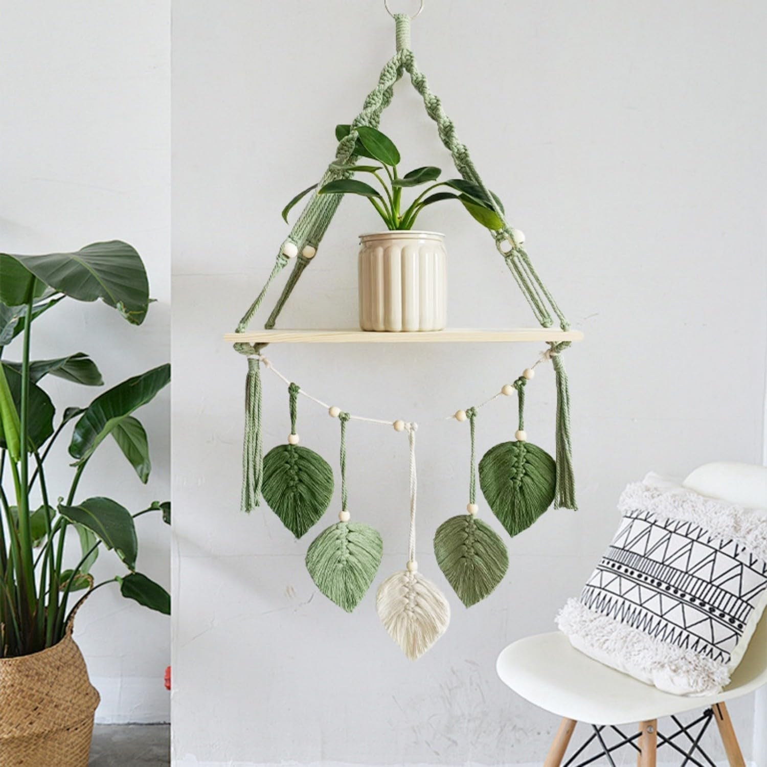 Wandtapijt houten plank slinger geweven bladeren Woon - Accessoires en Decoratie Naty Shop