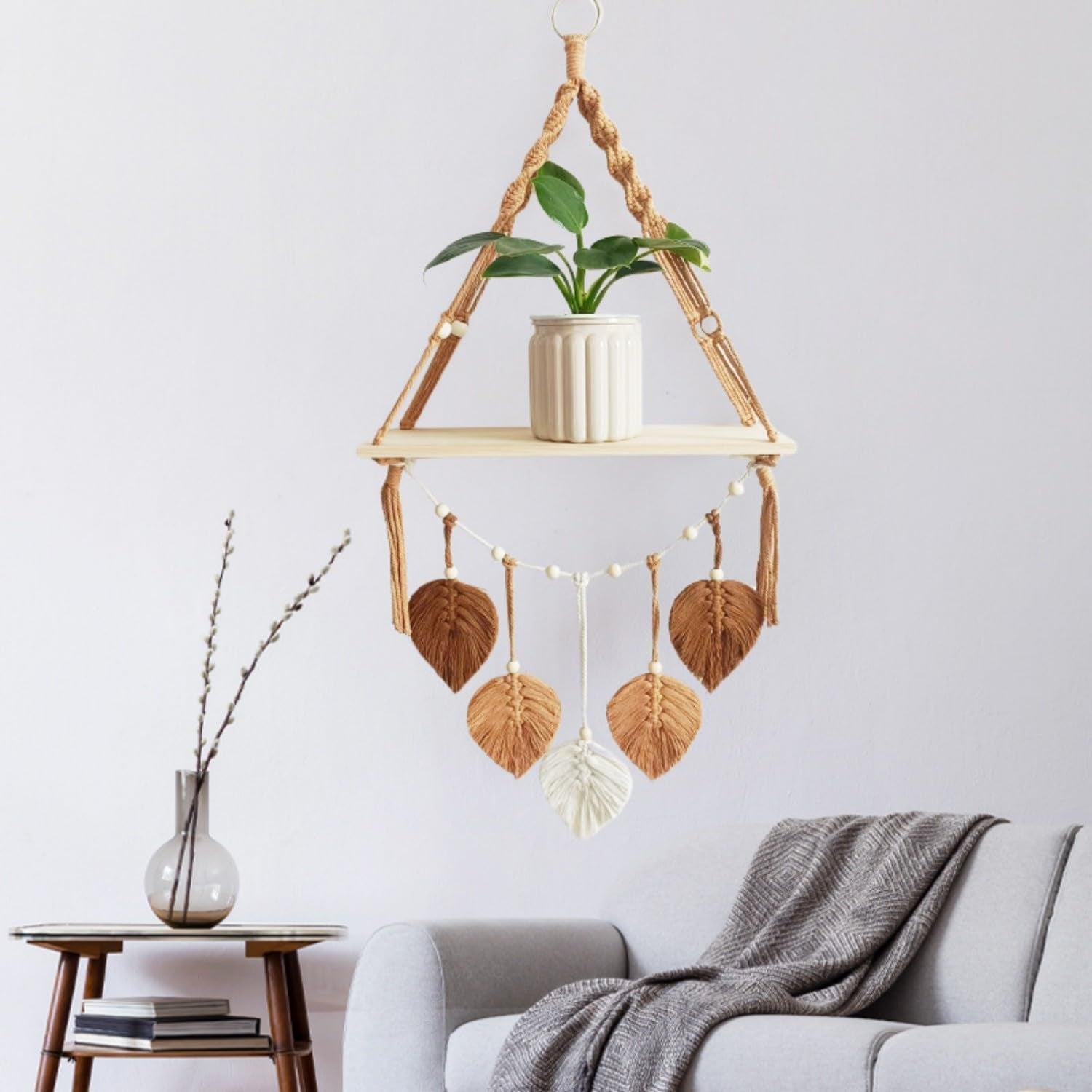 Wandtapijt houten plank slinger geweven bladeren Woon - Accessoires en Decoratie Naty Shop