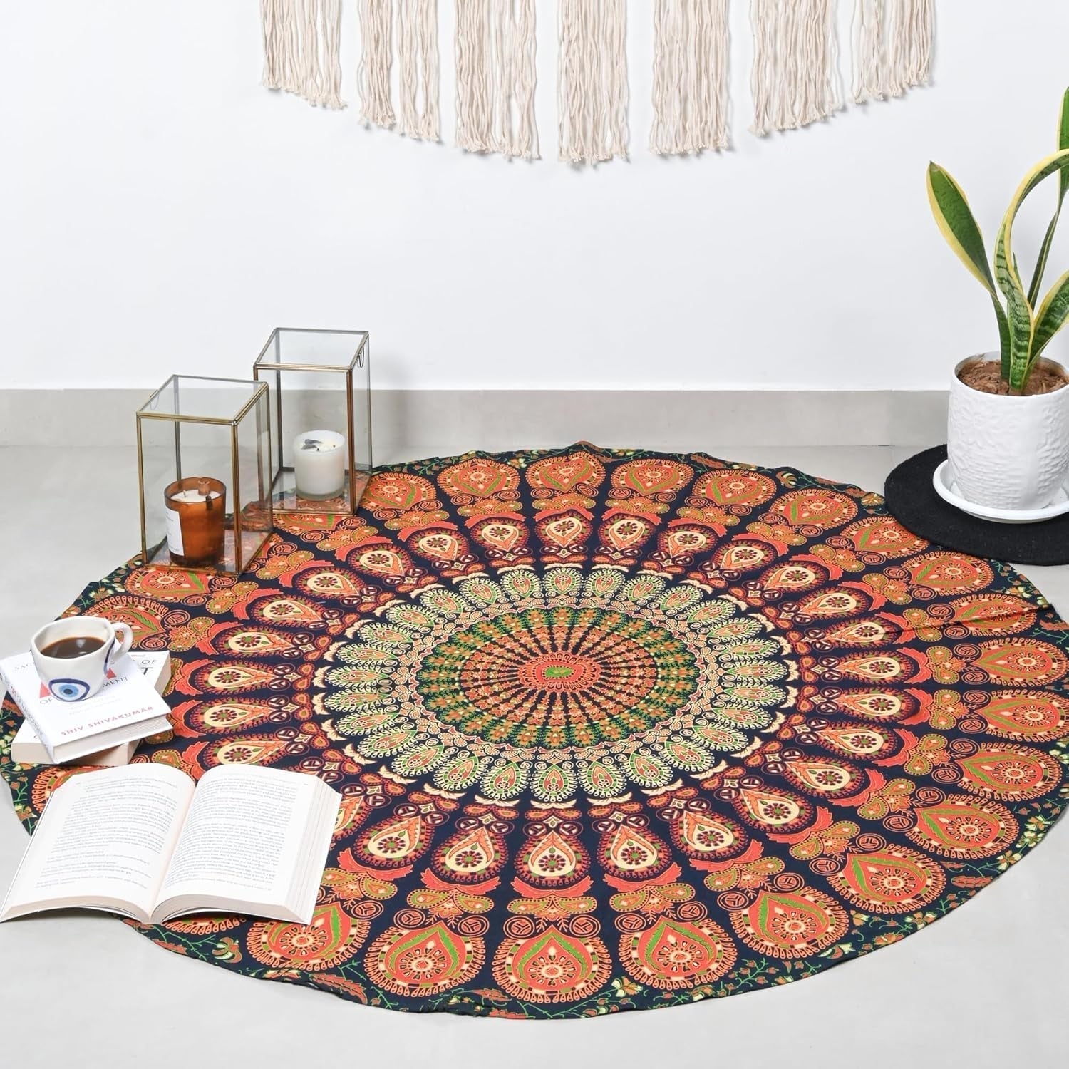 Rond wandkleed pauw mandala centimeter roundie hippie gezicht Home - Accessoires en Decoratie Naty Shop Goudgroen 121,9L X 121,9B Cm
