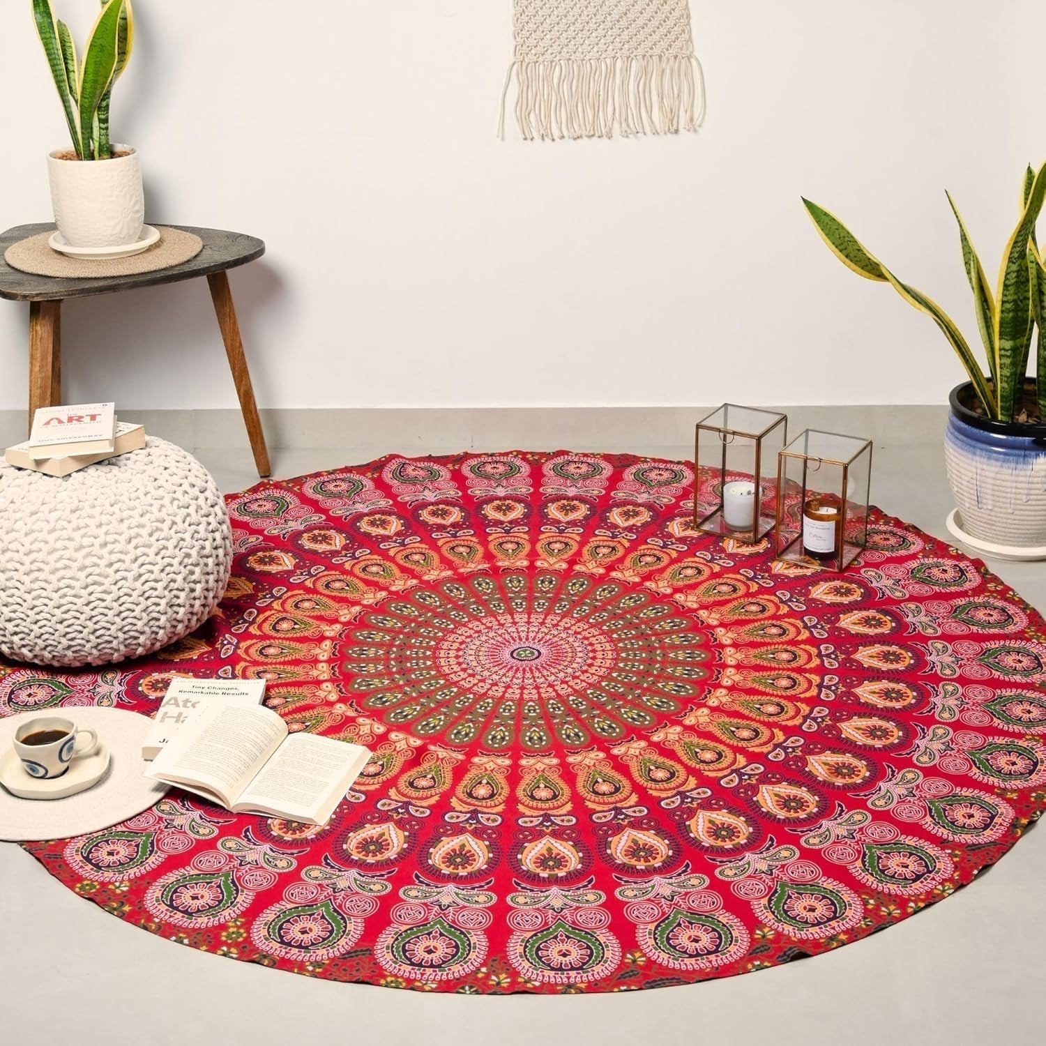 Rond wandkleed pauw mandala centimeter roundie hippie meisje Casa - Accessoires en Decoratie Naty Shop Goudrood D-72"