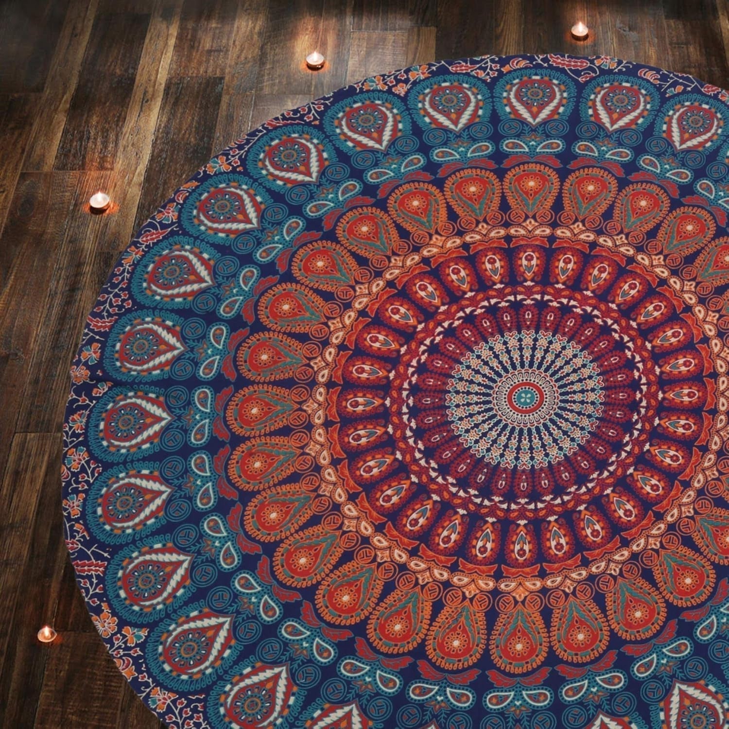 Rond wandkleed pauw mandala centimeter roundie hippie gezicht Home - Accessoires en Decoratie Naty Shop Goudblauw 122L X 122B Cm