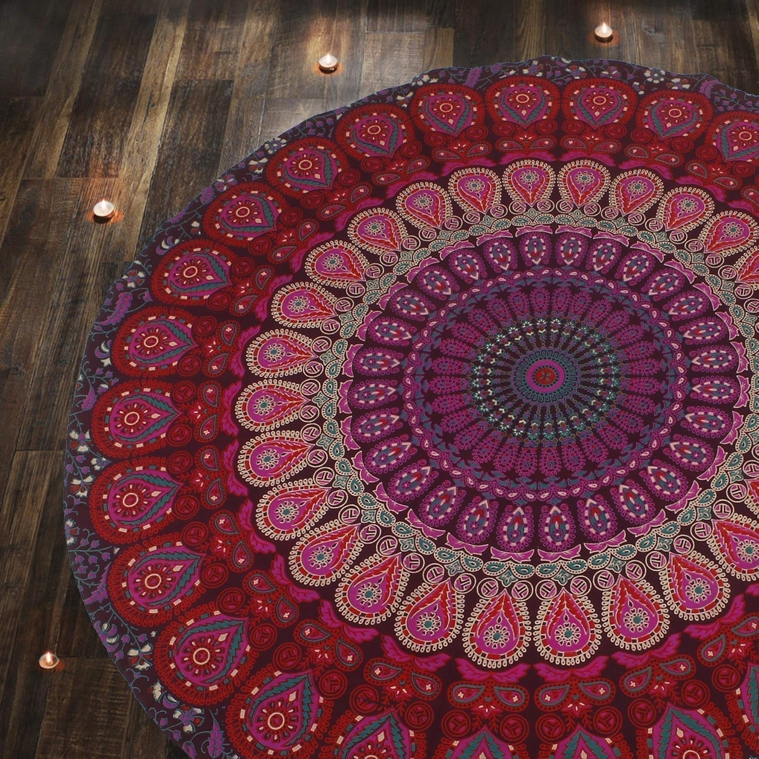 Rond wandkleed pauw mandala centimeter roundie hippie gezicht Home - Accessoires en Decoratie Naty Shop Violet roze 183L X 183B Cm