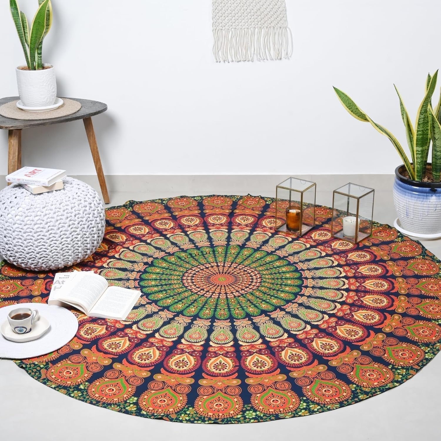 Rond wandkleed pauw mandala centimeter roundie hippie gezicht Home - Accessoires en Decoratie Naty Shop Goudgroen 182,9L X 182,9B Cm