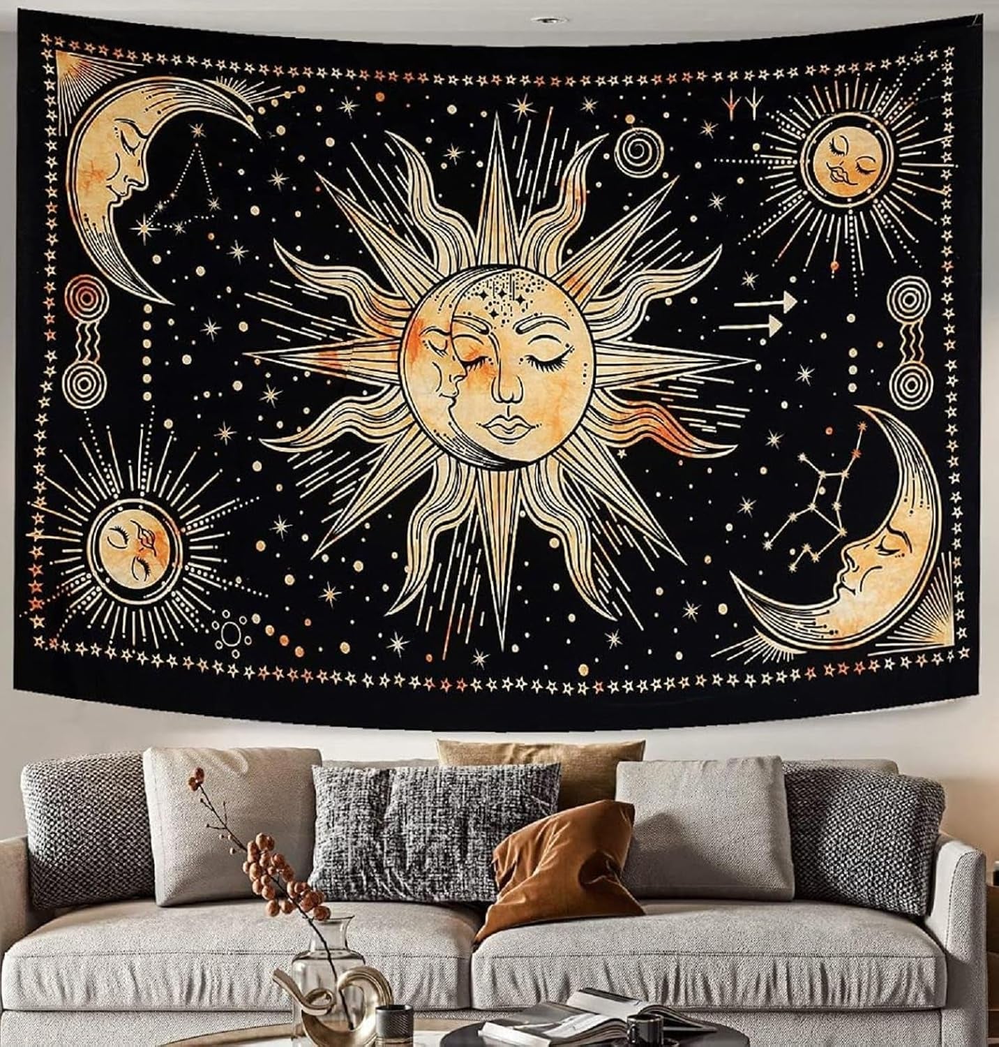 Wandtapijt zon maan ster spiritueel esthetisch regenboog katoen Wonen - Accessoires en Decoratie Naty Shop Geel 210L X 140B Cm