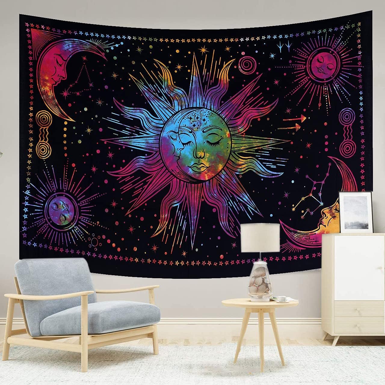 Wandtapijt zon maan ster spiritueel esthetisch regenboog katoen Woon - Accessoires en Decoratie Naty Shop Regenboog 150L X 137B Cm