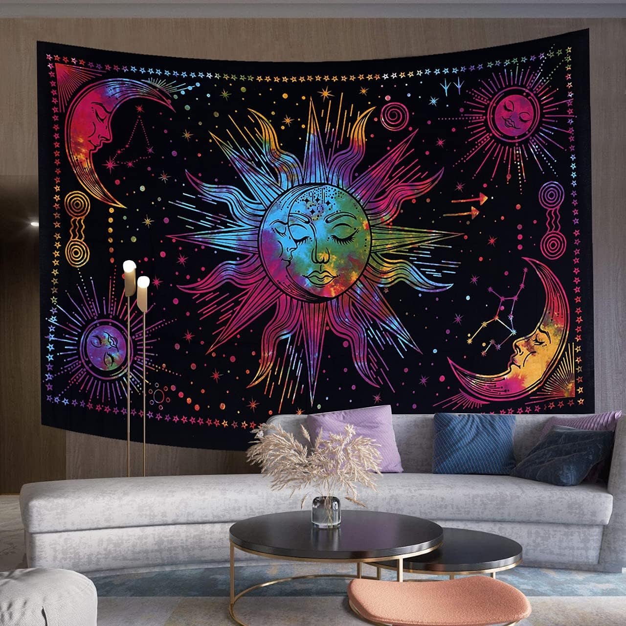 Wandtapijt zon maan ster spiritueel esthetisch regenboog katoen Wonen - Accessoires en Decoratie Naty Shop