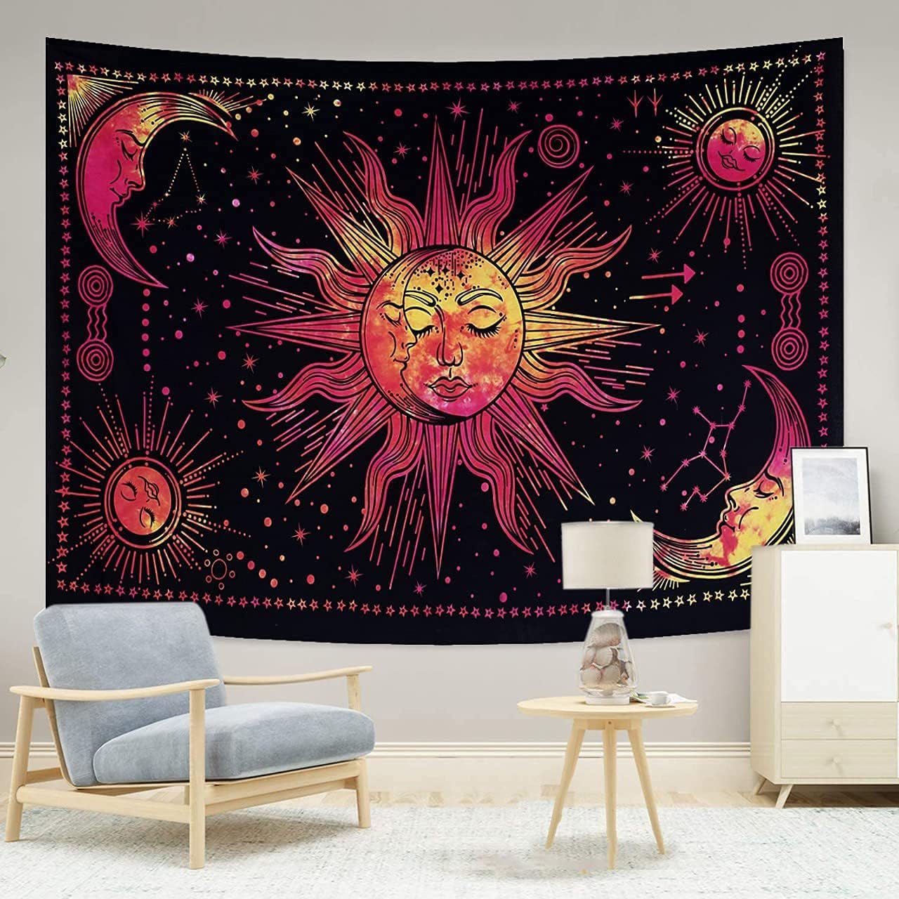 Wandtapijt zon maan ster spiritueel esthetisch regenboog katoen Woon - Accessoires en Decoratie Naty Shop Rood 210L X 140B Cm
