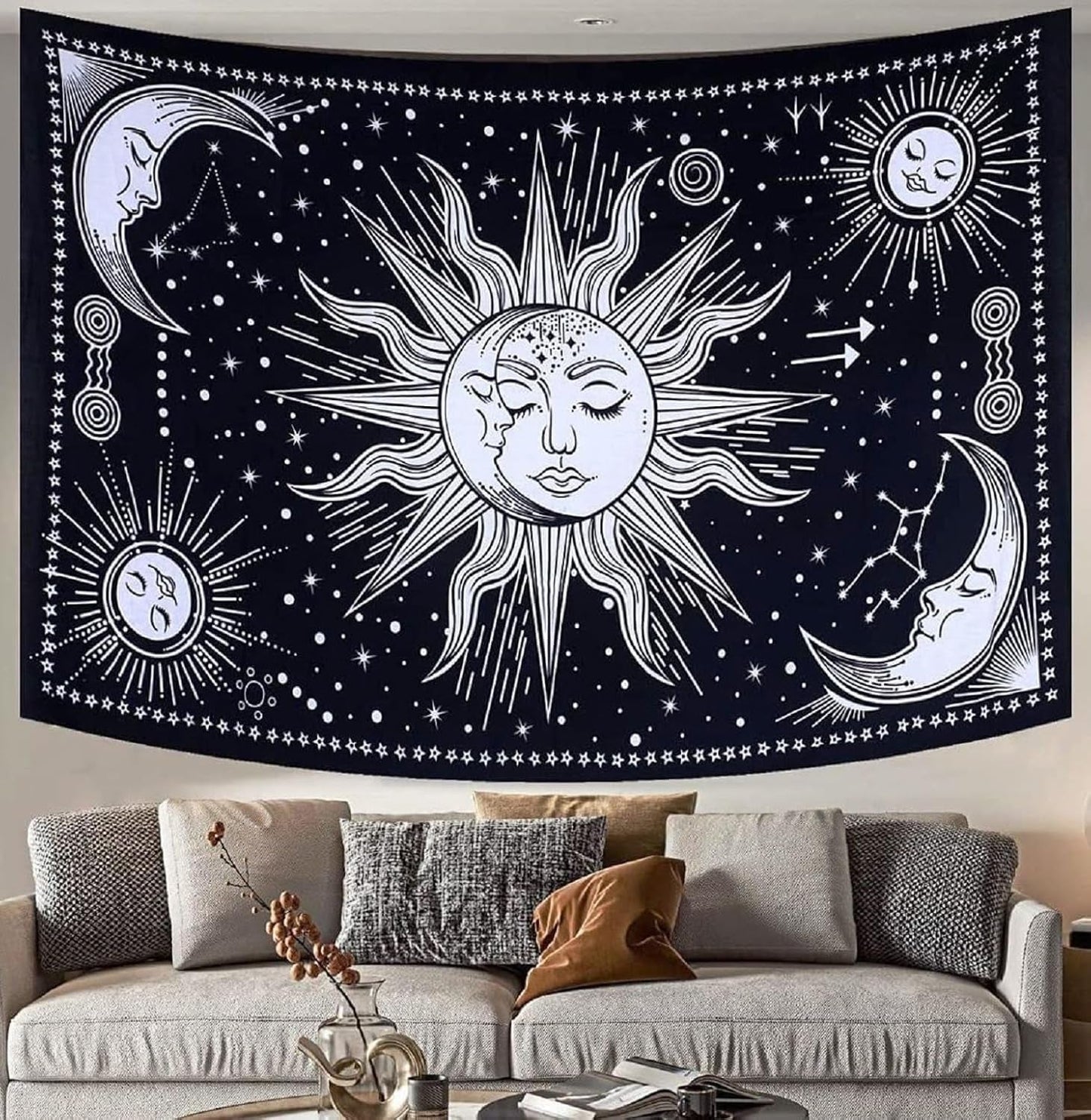 Wandtapijt zon maan ster spiritueel esthetisch regenboog katoen Wonen - Accessoires en Decoratie Naty Shop Zwart/wit 102L X 77B Cm