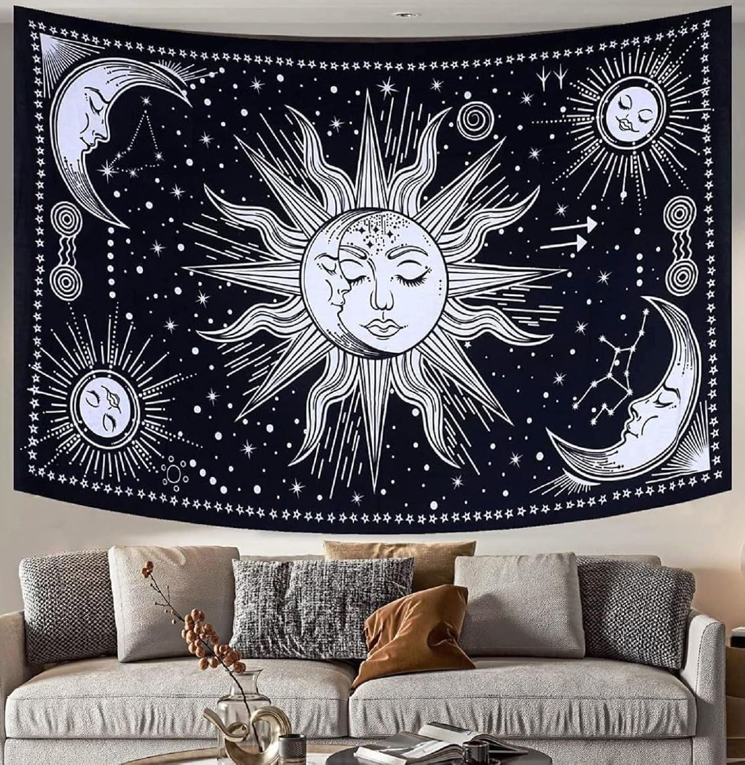 Wandtapijt zon maan ster spiritueel esthetisch regenboog katoen Wonen - Accessoires en Decoratie Naty Shop Zwart/wit 102L X 77B Cm