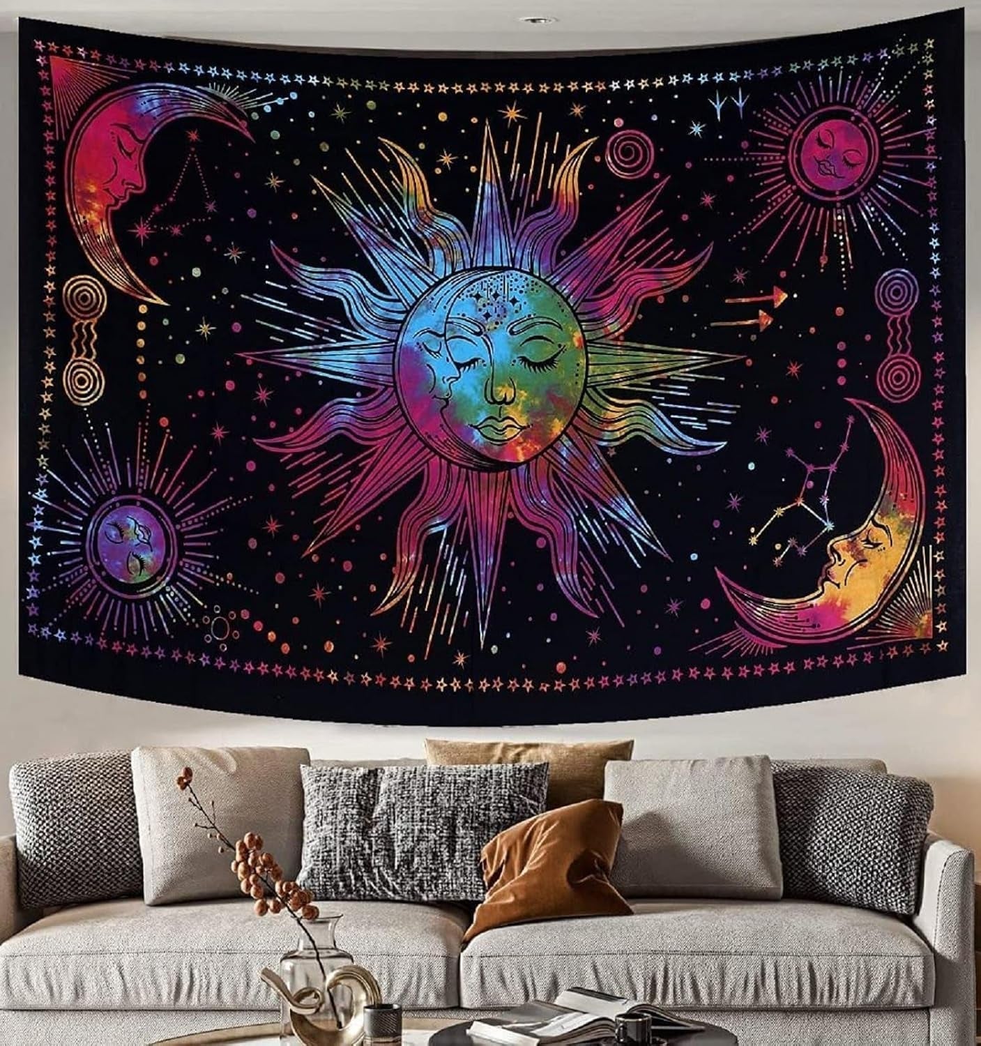 Wandtapijt zon maan ster spiritueel esthetisch regenboog katoen Woon - Accessoires en Decoratie Naty Shop Regenboog 210L X 140B Cm