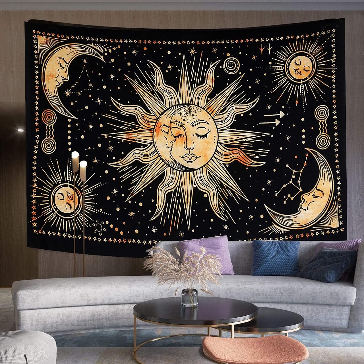 Wandtapijt zon maan ster spiritueel esthetisch regenboog katoen Wonen - Accessoires en Decoratie Naty Shop Geel 102L X 77B Cm