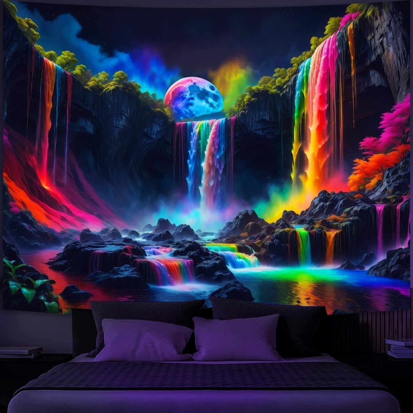 Wandtapijt wandtapijt planetaire waterval fantasie zwart licht Home - Accessoires en Decoratie Naty Shop 150L X 130B Cm