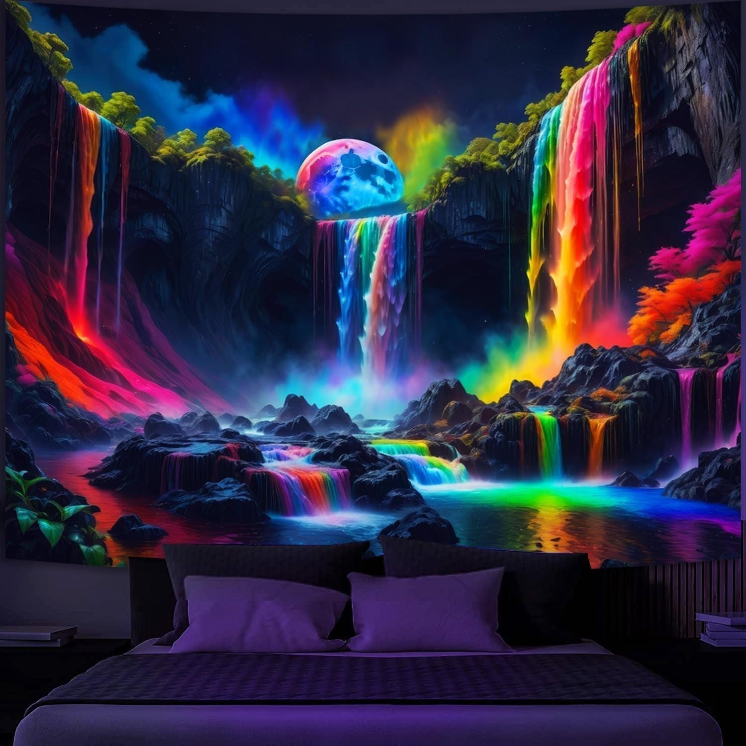 Wandtapijt wandtapijt planetaire waterval fantasie zwart licht Home - Accessoires en Decoratie Naty Shop 150L X 130B Cm