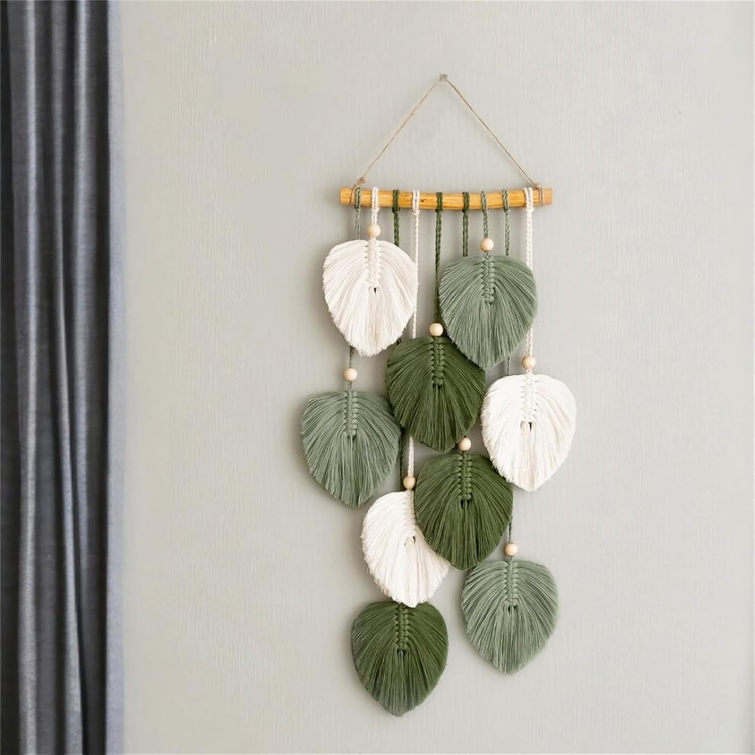 Wandtapijt wandtapijt houten kralen groene bladeren handgemaakt Huis - Accessoires en Decoratie Naty Shop