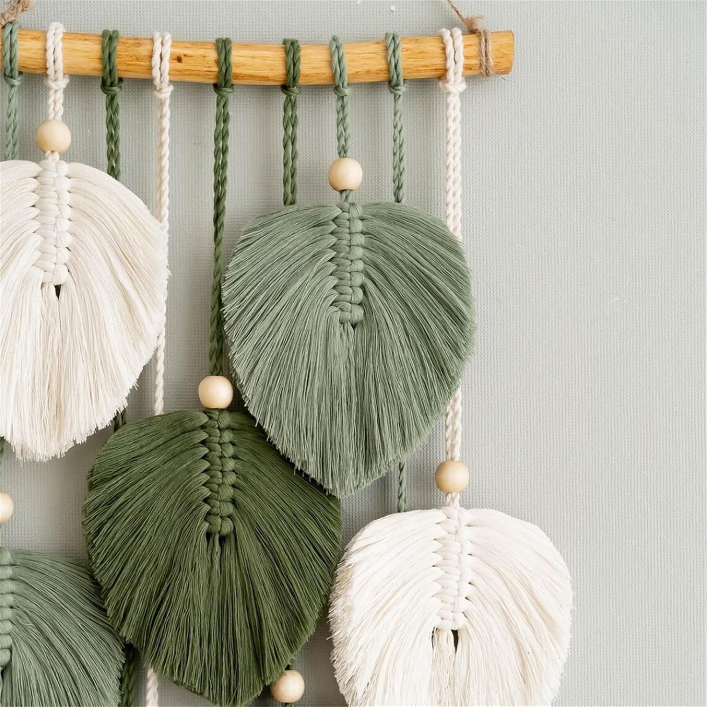 Wandtapijt wandtapijt houten kralen groene bladeren handgemaakt Huis - Accessoires en Decoratie Naty Shop