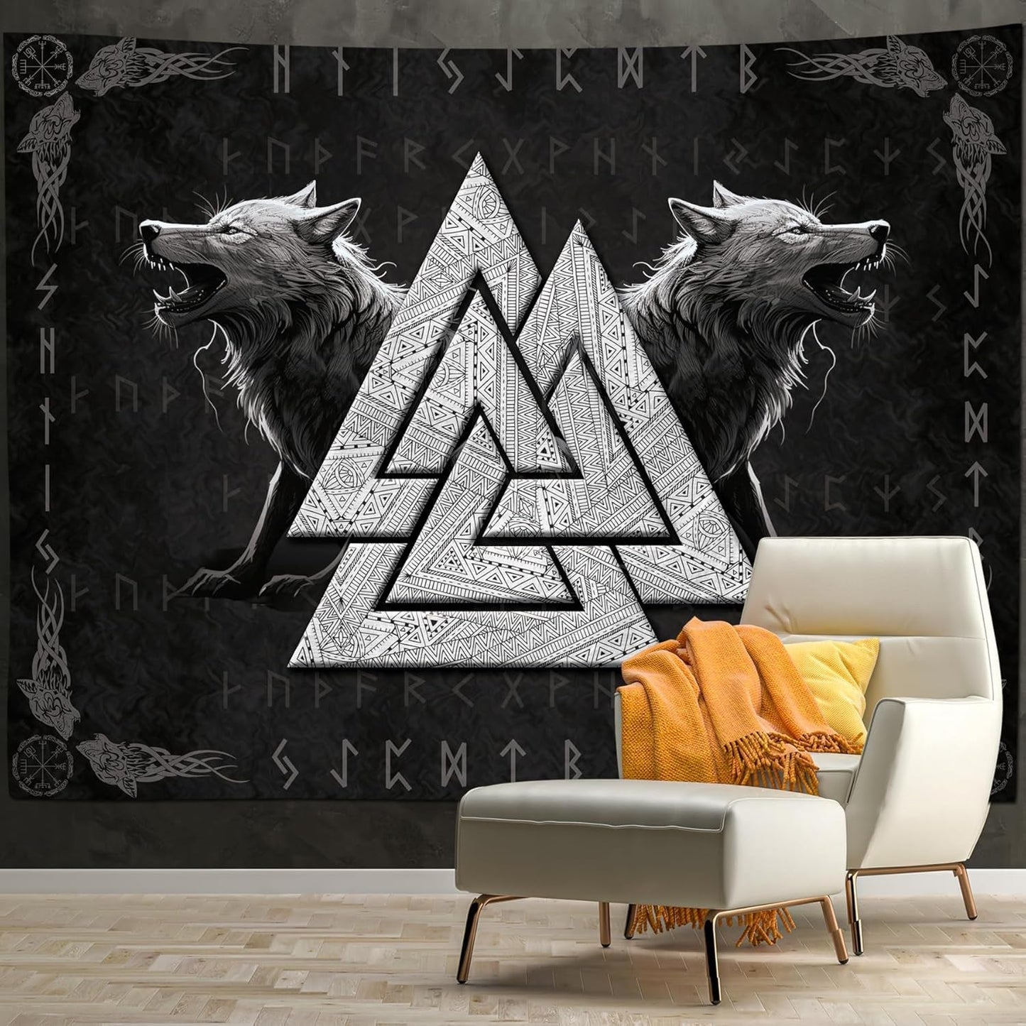 Wandtapijt viking wolf totem zwart wit meditatie runen Home - Accessoires en Decoratie Naty Shop