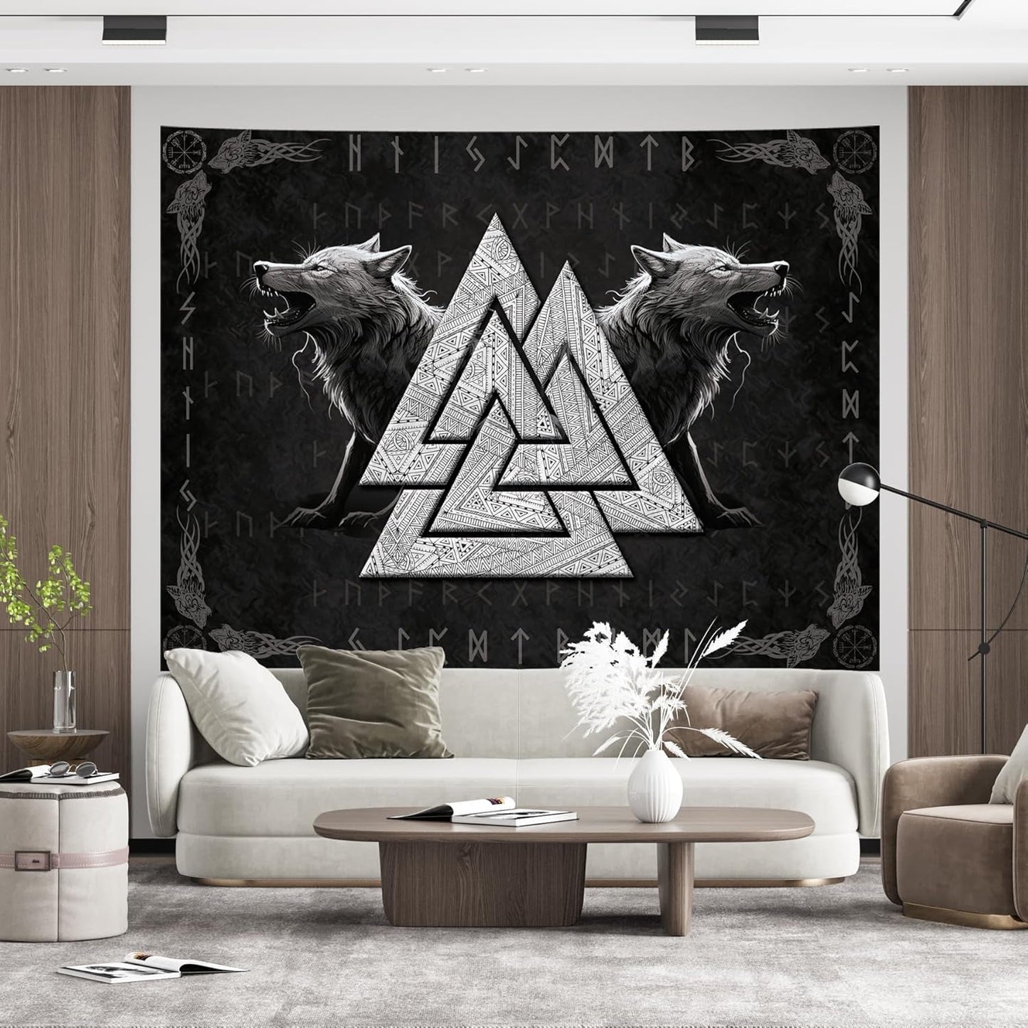 Wandtapijt viking wolf totem zwart wit meditatie runen Home - Accessoires en Decoratie Naty Shop