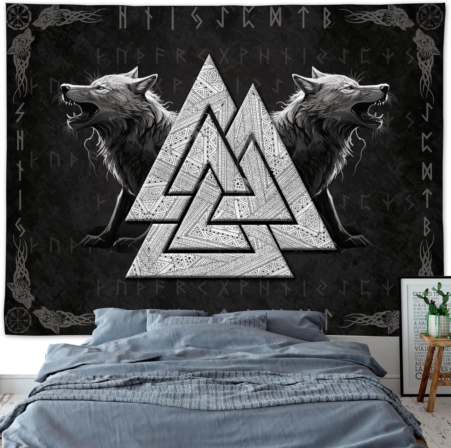 Wandtapijt viking wolf totem zwart wit meditatie runen Home - Accessoires en Decoratie Naty Shop