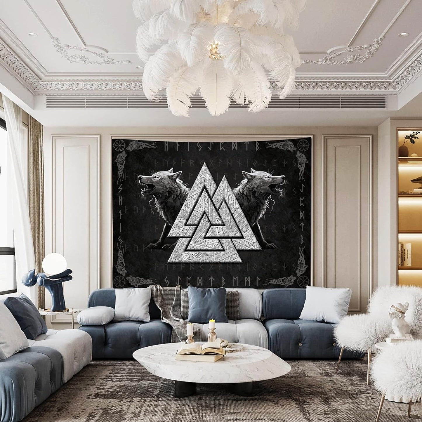 Wandtapijt viking wolf totem zwart wit meditatie runen Home - Accessoires en Decoratie Naty Shop