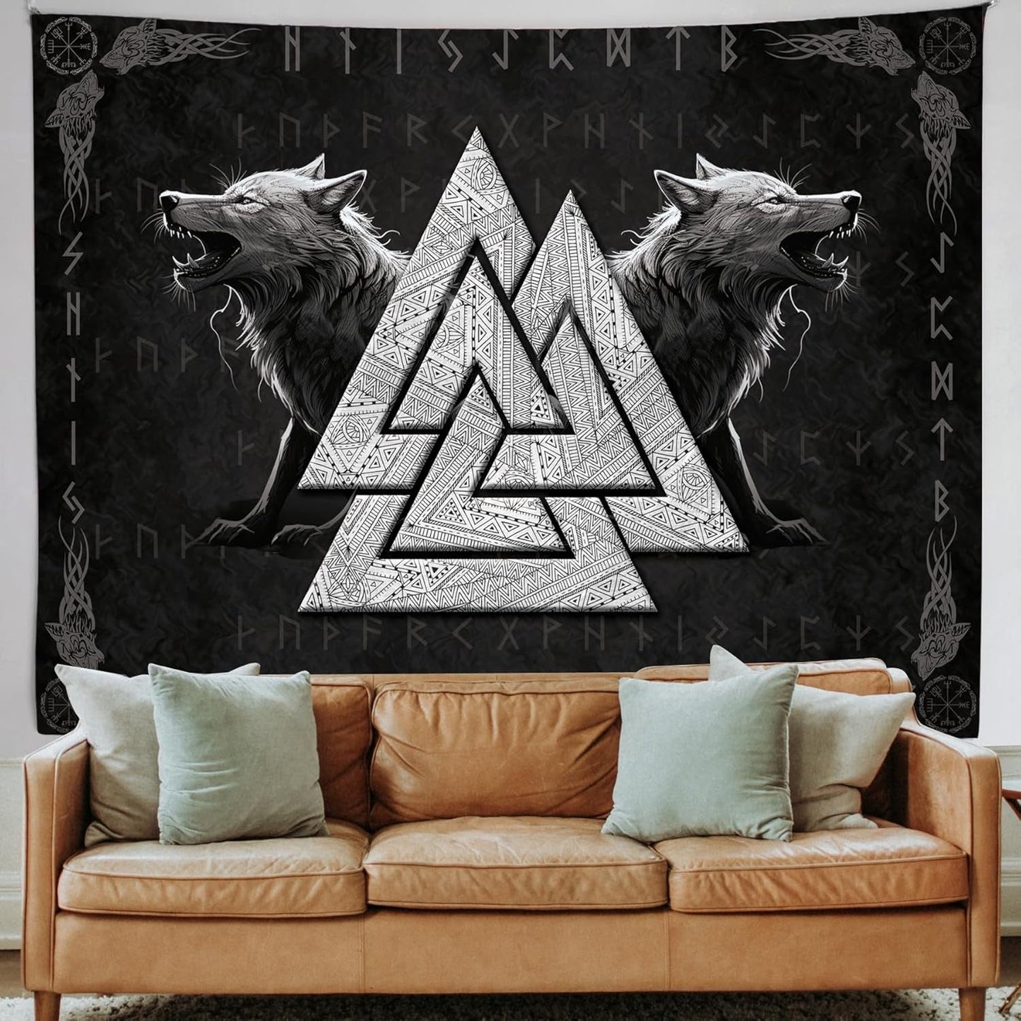 Wandtapijt viking wolf totem zwart wit meditatie runen Home - Accessoires en Decoratie Naty Shop