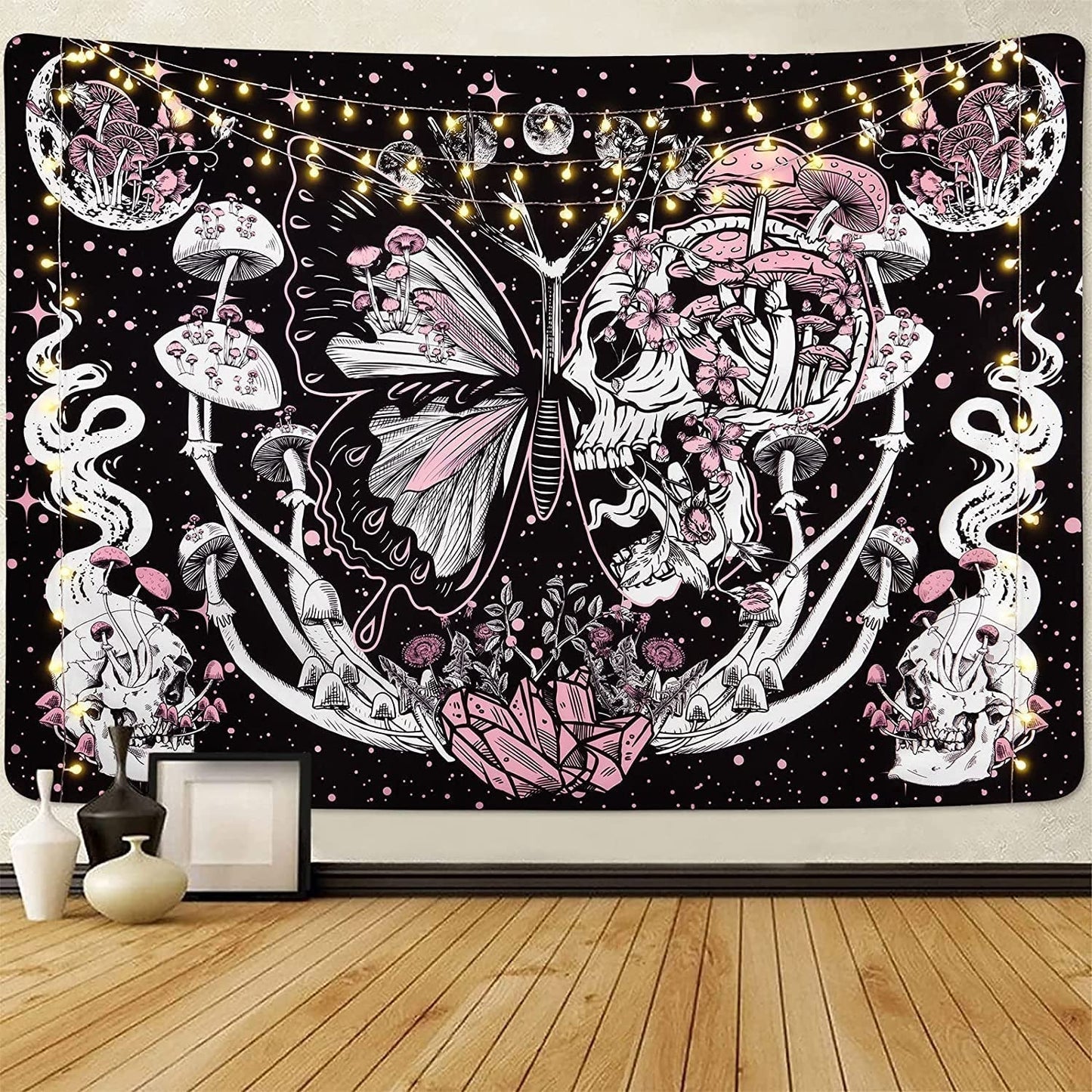 Wandtapijt yrendenge vlinders skelet paddestoelen huis sterren maan Wonen - Accessoires en Decoratie Naty Shop Schedel paddestoel mot 150X130Cm