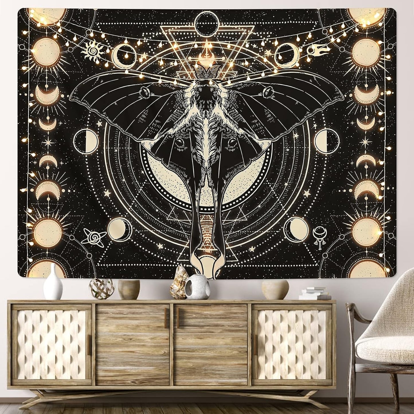 Wandtapijt yrendenge motten zwart zon maan naturel Wonen - Accessoires en Decoratie Naty Shop