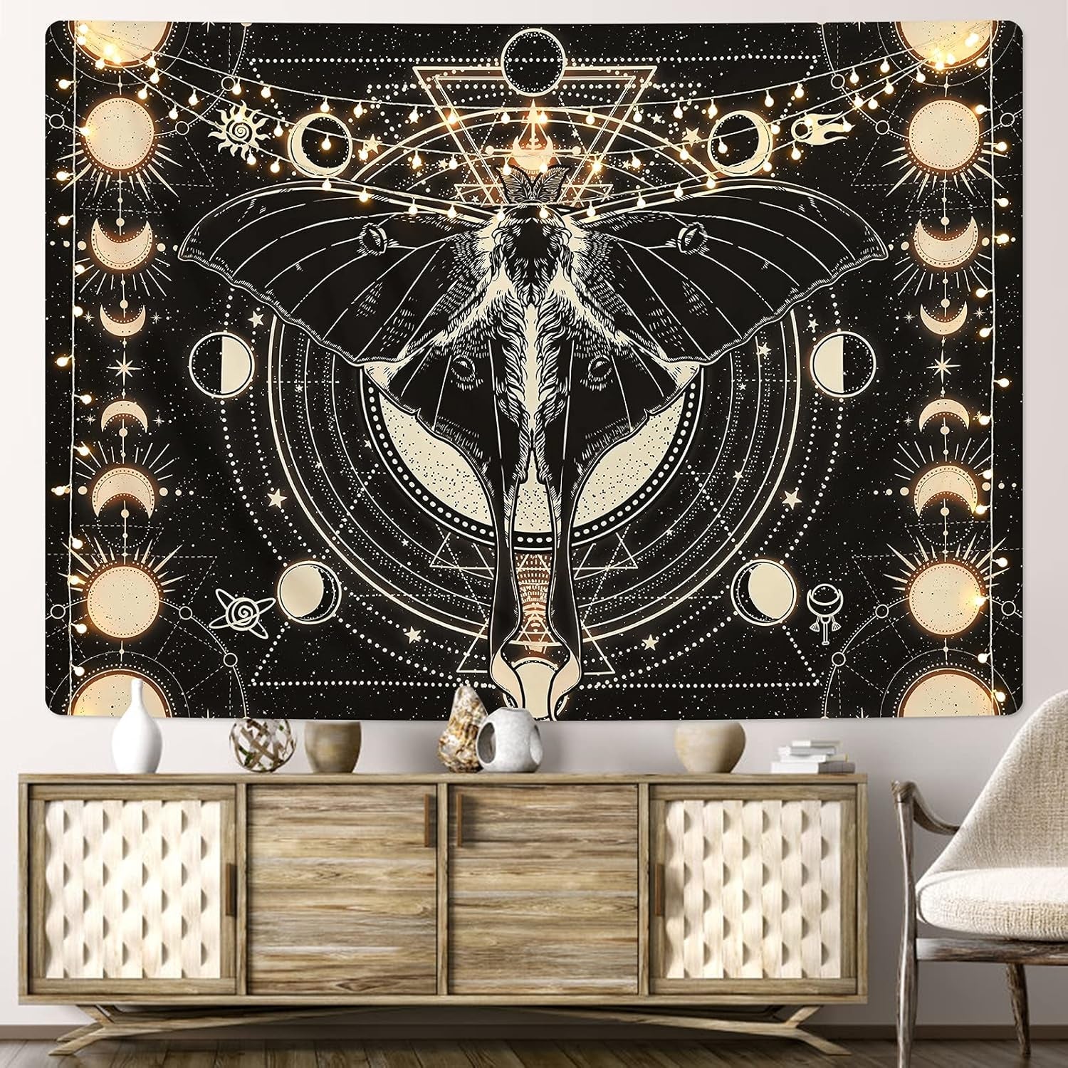 Wandtapijt yrendenge motten zwart zon maan naturel Wonen - Accessoires en Decoratie Naty Shop