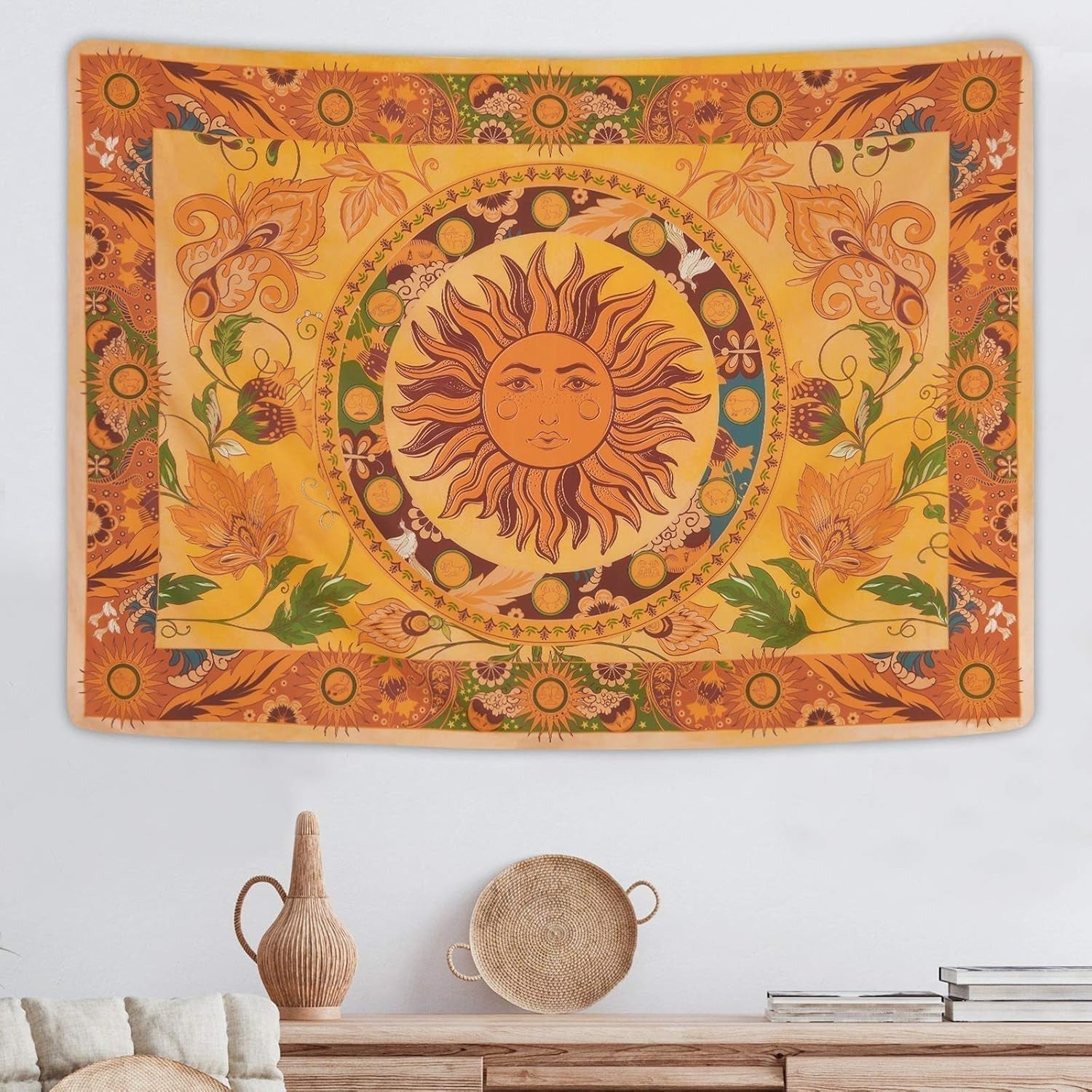 Wandtapijt yugarlibi brandende zon lentebloemen vintage muur Home - Accessoires en Decoratie Naty Shop Oranje 210L X 150B Cm