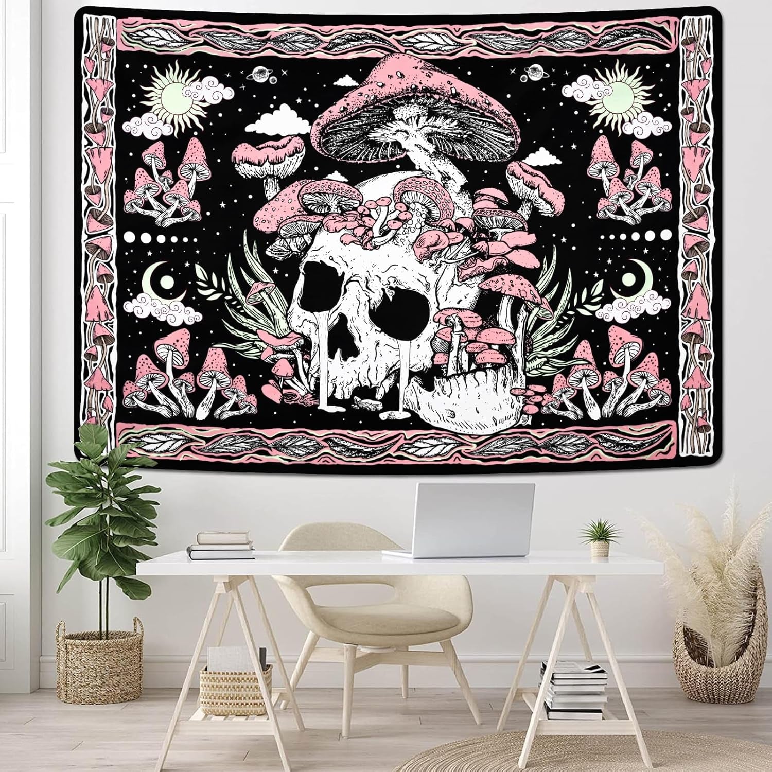 Wandtapijt yugarlibi roze schedel paddestoelen skelet Wonen - Accessoires en Decoratie Naty Shop