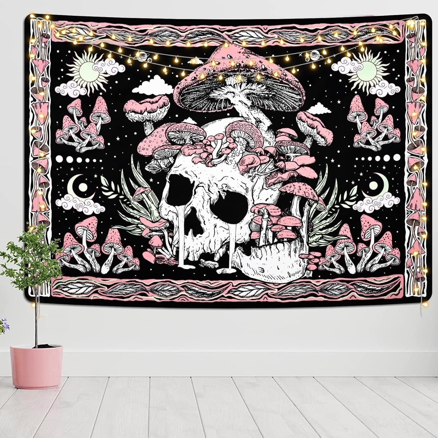Wandtapijt yugarlibi roze schedel paddestoelen skelet Wonen - Accessoires en Decoratie Naty Shop