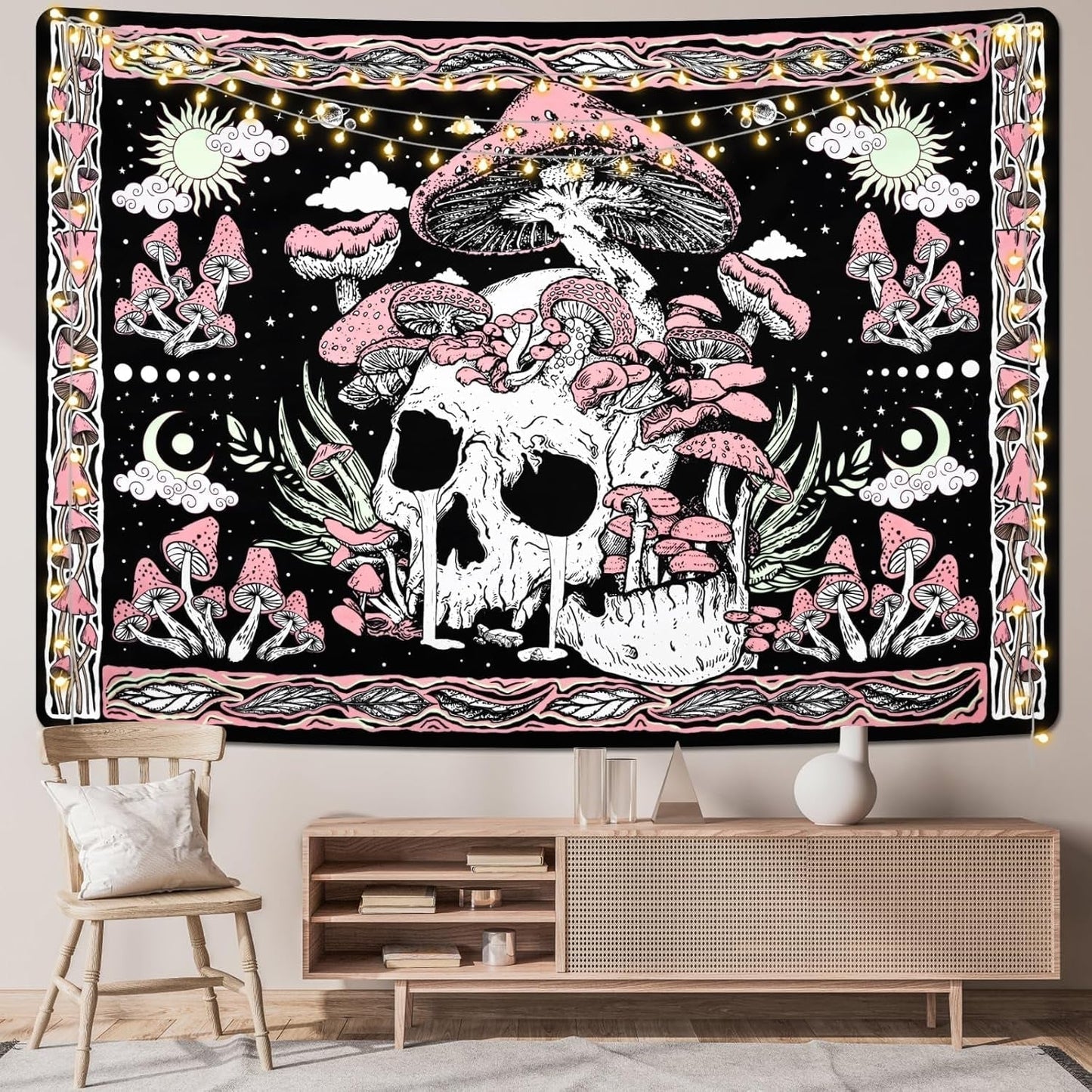 Wandtapijt yugarlibi roze schedel paddestoelen skelet Wonen - Accessoires en Decoratie Naty Shop