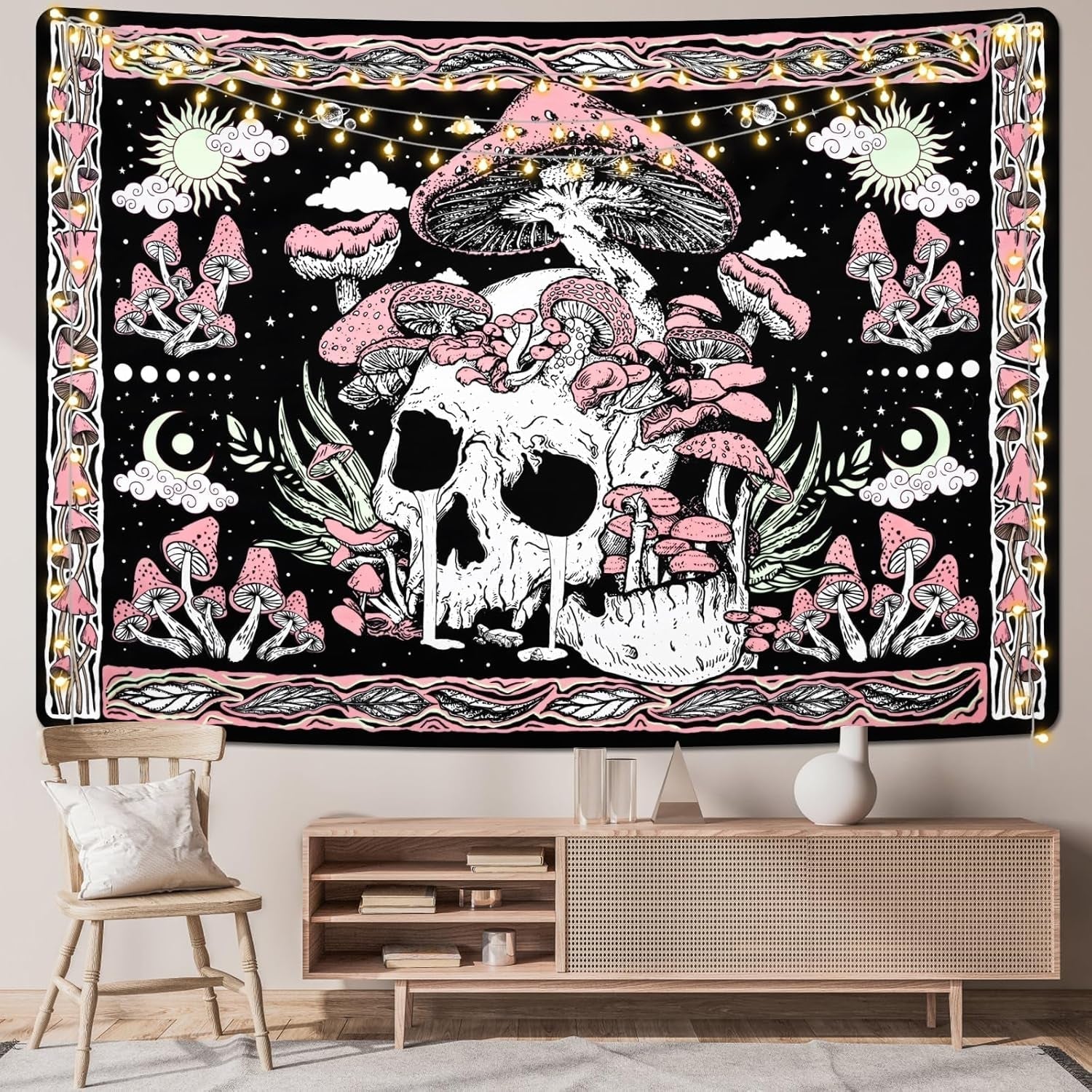 Wandtapijt yugarlibi roze schedel paddestoelen skelet Wonen - Accessoires en Decoratie Naty Shop
