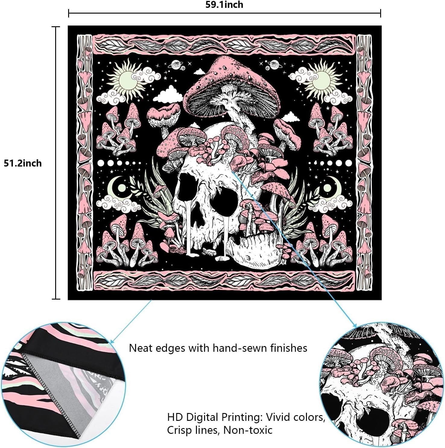 Wandtapijt yugarlibi roze schedel paddestoelen skelet Wonen - Accessoires en Decoratie Naty Shop