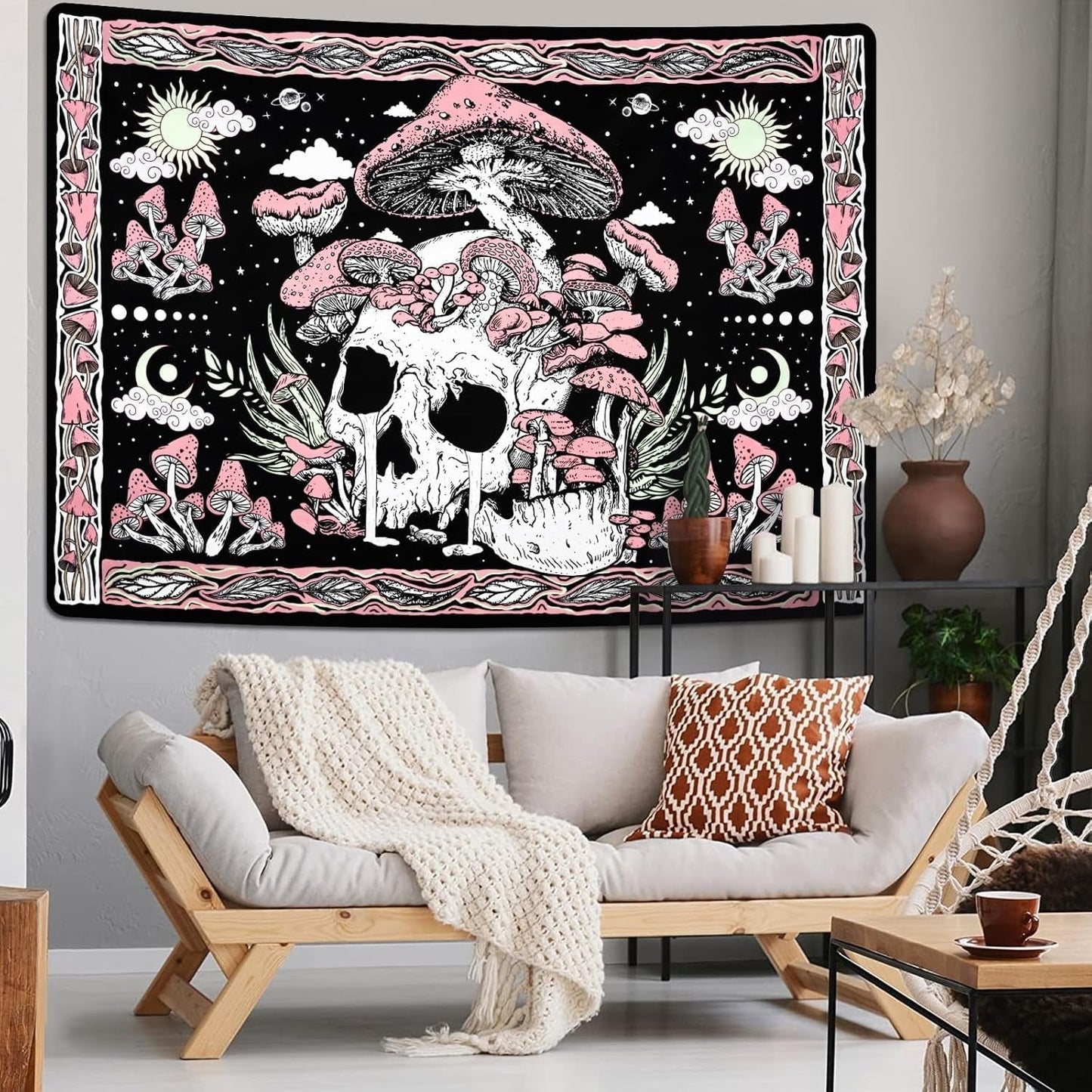 Wandtapijt yugarlibi roze schedel paddestoelen skelet Wonen - Accessoires en Decoratie Naty Shop