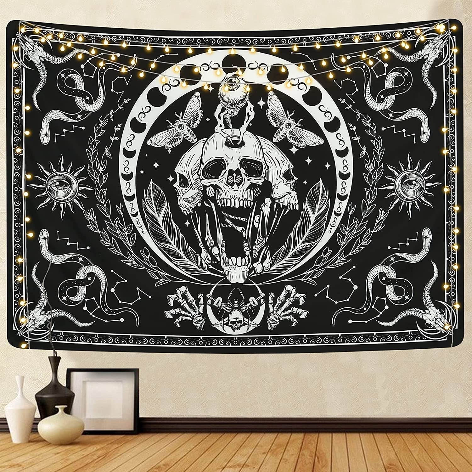 Wandtapijt yugarlibi skelet zwarte slang mot esthetisch canvas Woon - Accessoires en Decoratie Naty Shop Zwart 150L X 130B Cm