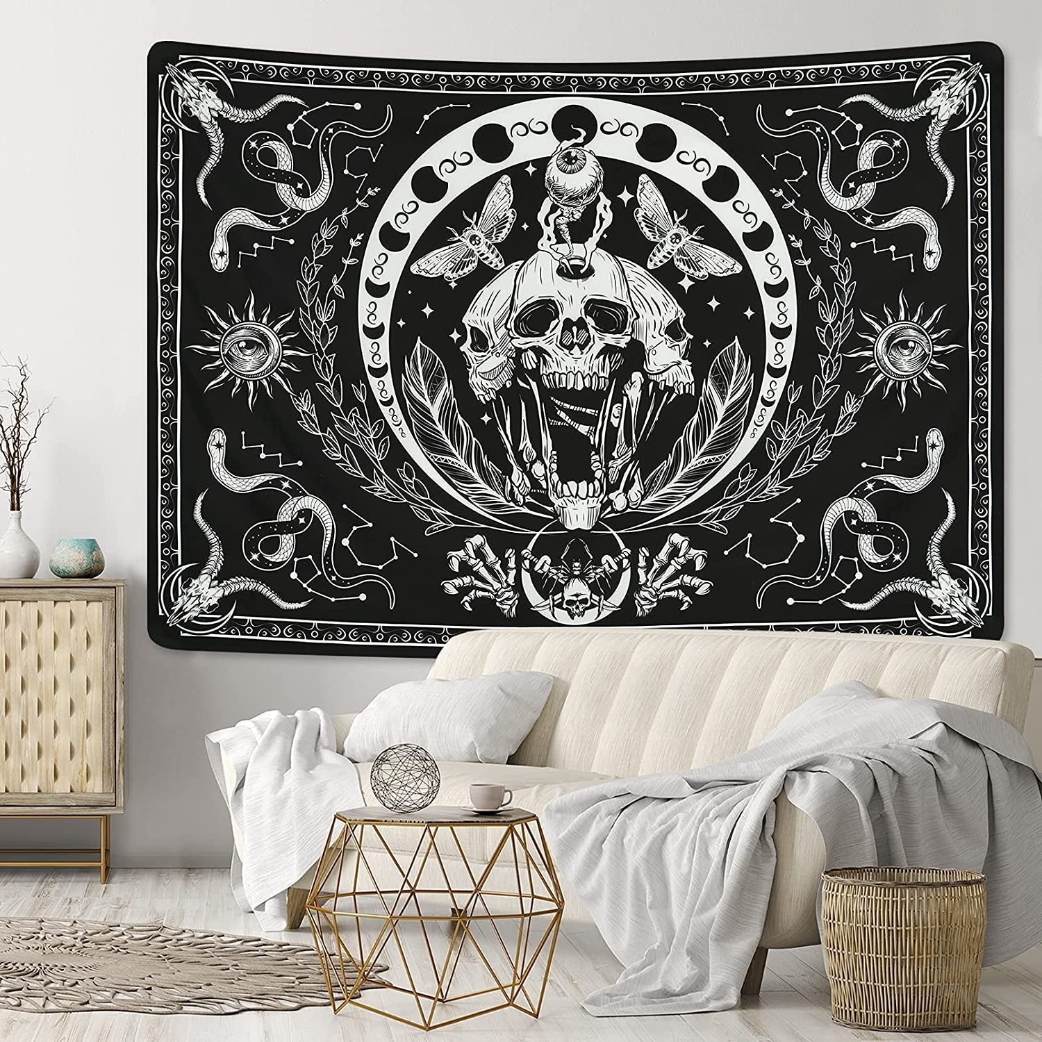 Wandtapijt yugarlibi skelet zwarte slang mot esthetisch canvas Woon - Accessoires en Decoratie Naty Shop