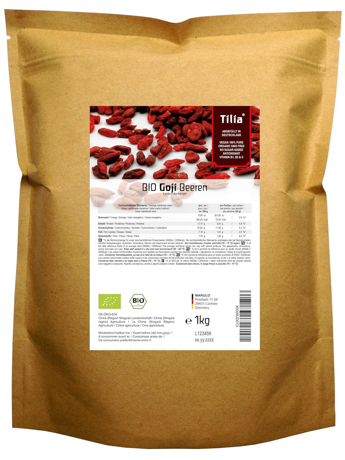 Tilia BIO Gojibessen 1 kg Naty Shop gedehydrateerde producten 1 kg (1 pak)